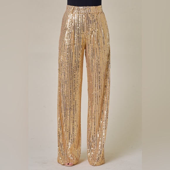 ✨ NEW Structured Wide-Leg Gold Sequin Pants | Glam Party Trousers ✨ - Picture 8 of 11